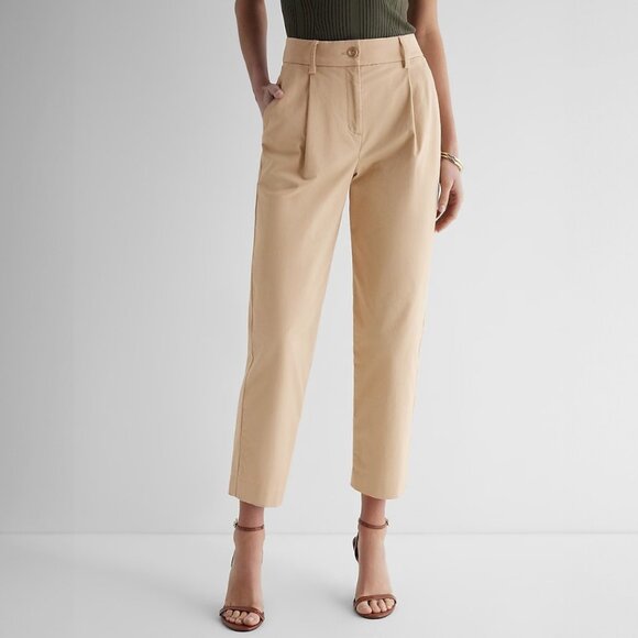 NWOT - Express High-Waisted Pleated Ankle Chino Pant – Khaki, Size 6 Long - Picture 1 of 9